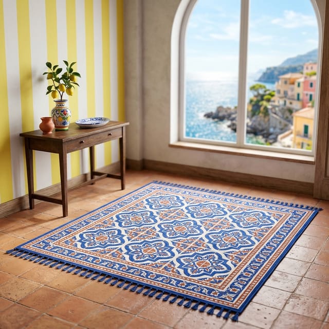 Blue Patterned Tile Rug