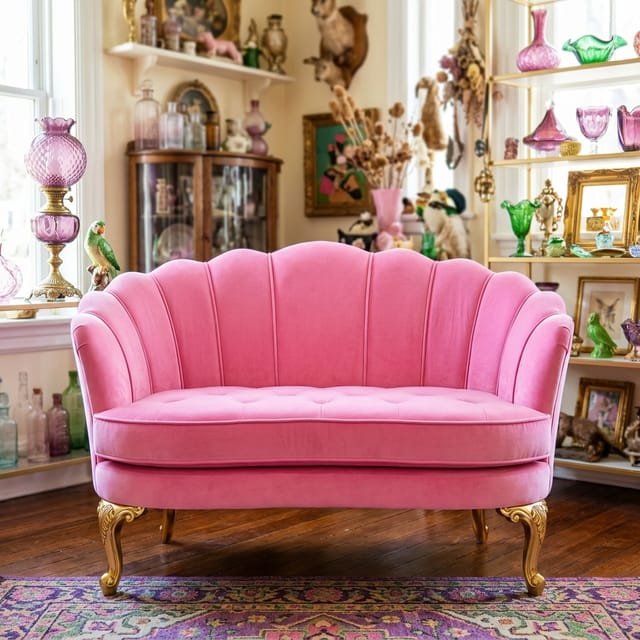 Scalloped Pink Velvet Loveseat