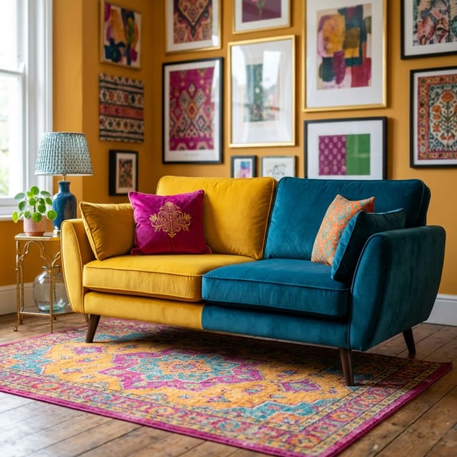 Colour-Block Velvet Sofa