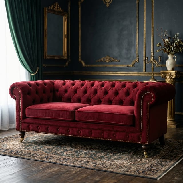 Tufted Oxblood Velvet Sofa